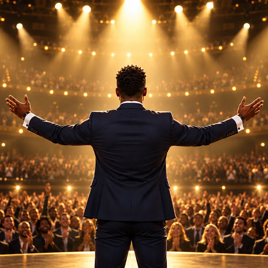 A speaker on stage with arms open to a full, applauding theater